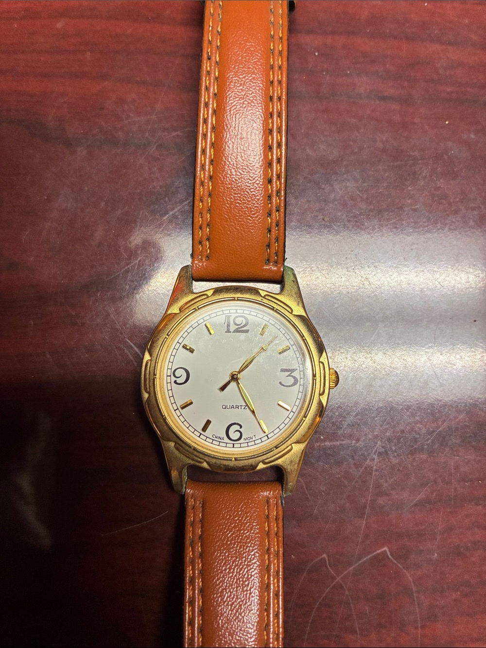 Men's Gold-Tone Quartz Watch with Brown Leather Strap